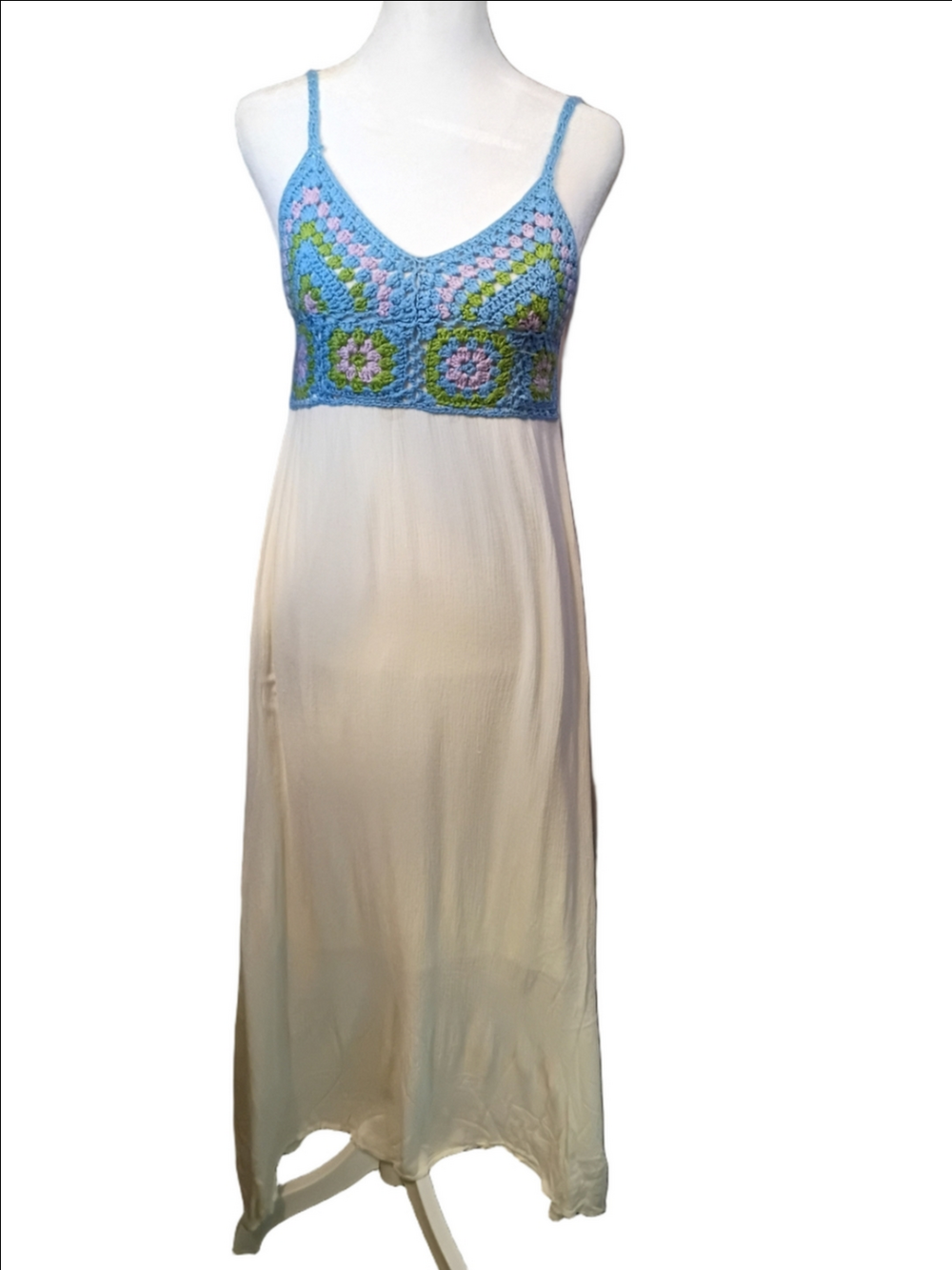 Altar'd State Blue White Crocheted Floral V Neckline Linen Maxi Dress Size Large